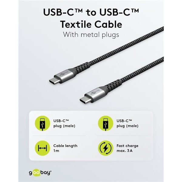 Goobay USB-C™-till-USB-C™-textilkabel med metallkontakter 1 m elegant och extra robust anslutningskabel för enheter med USB-C™-port