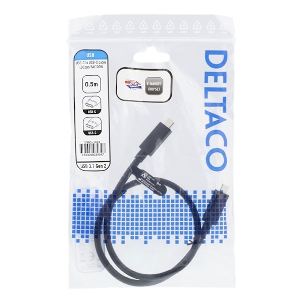DELTACO USB-C-kaapeli, 0,5m, 10Gbps, 100W, 5A, USB 3.1 Gen 2, musta