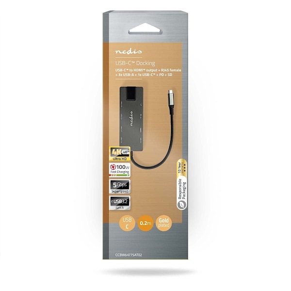 Nedis USB Multi-Port Adapter | USB 3.2 Gen 1 | USB-C™ Han | HDMI ™ -udgang / RJ45 Hun / SD / 2x USB-C™ / 3.5 mm Hunstik / 3x USB-A Hun | 5 Gbps | 0.20
