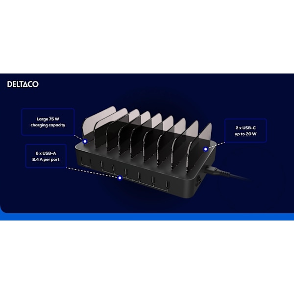 DELTACO USB charging station 6x USB-A, 2x USB-C PD, total 75W, black