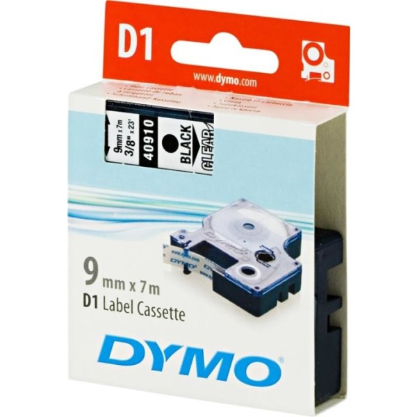 DYMO D1 merkkausteippi, 9mm, läpinäkyvä/musta teksti, 7m - 45010