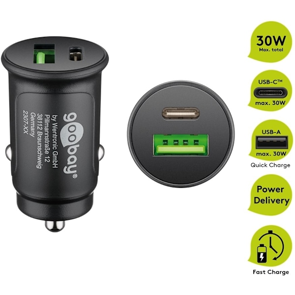 Goobay Dual-USB Auto Fast Charger USB-C™ PD (Power Delivery) (30 W) 30W (12/24V)lämplig för enheter med USB-C™ (Ström Delivery), såsom iPhone 12