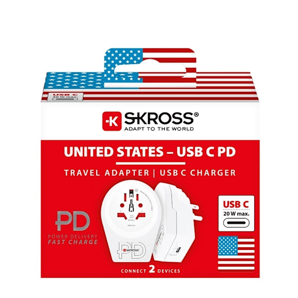 SKROSS World Adapter - World to USA USB-C™ PD til alle jordede og ujordede enheder (2- og 3-polet) med integreret, ultrahurtig USB-C™-oplader (Power D