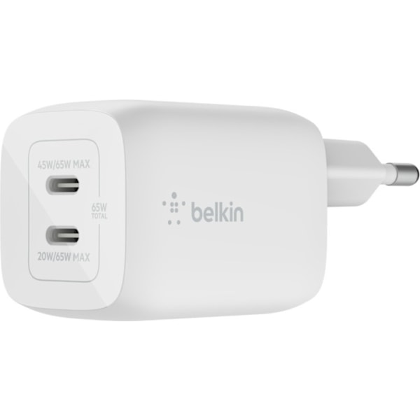 Belkin Boost Charge Pro Dual Port USB-C GaN 65 W PD 3.0 -verkkovirtalaturi, valkoinen