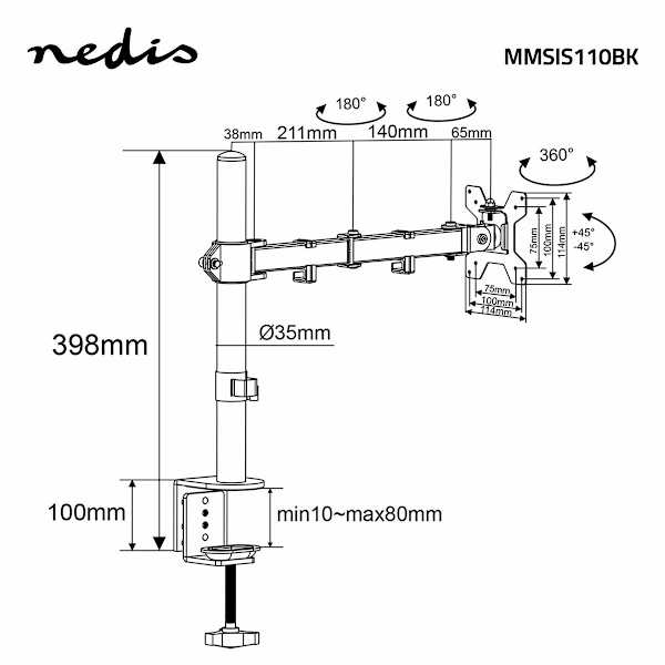 Nedis Monitorin Pöytäteline | 1 Näyttö(t) | 15 - 32 " | 75x75 / 100x100 | Täysin Säädettävä
