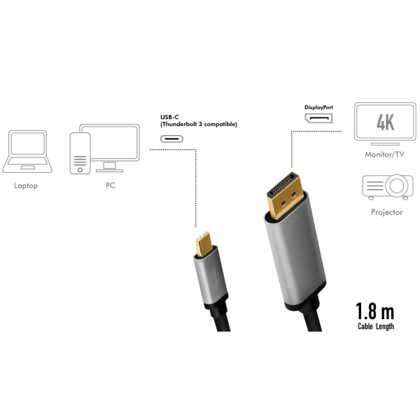 LogiLink USB-C -> DisplayPort 4K/60Hz Aluminium 1,8m