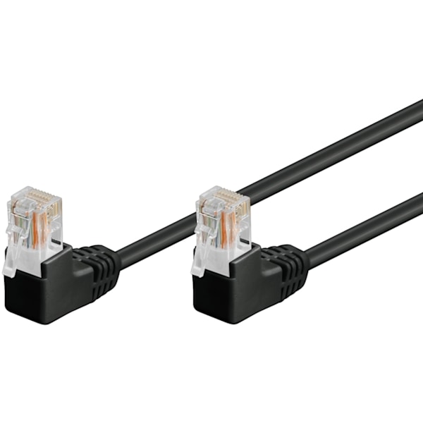 Goobay Patchkabel CAT 5e, 2x 90° vinklad, U/UTP, svart, 3 m kopparklädd aluminiumtråd (CCA), 2x RJ45-plugg 90 ° (8P8C)