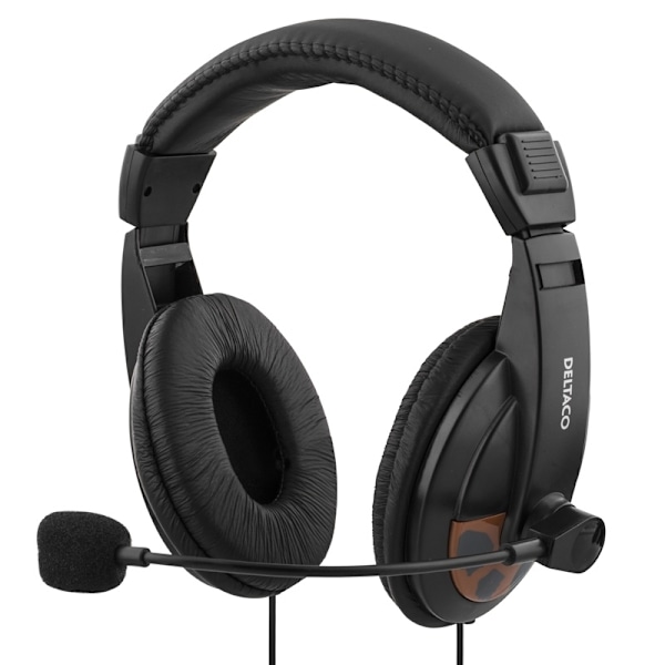 DELTACO headset, lukket, volumenkontrol på kablet, 2x3,5mm, 2m kabel,