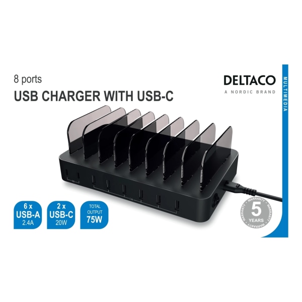 DELTACO USB-latausasema, 6x USB-A, 2x USB-C PD 75W, musta