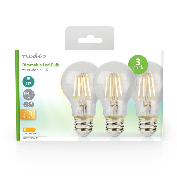 Nedis LED Glödlampa E27 | A60 | 7 W | 806 lm | 2700 K | Dimbar | Varm Vit | Retrostil | 3 st