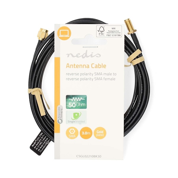 Nedis Antennekabel | RP SMA Han | RP SMA Hun | Guldplateret | 50 Ohm | Enkelt afskærmet | 3.00 m | Runde | PVC | Sort | Label