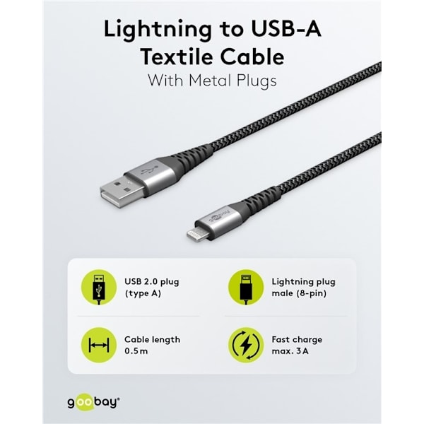 Goobay Lightning till USB-A-textilkabel med metallpluggar 0,5 m elegant och extra robust anslutningskabel för t.ex. Apple iPhone, iPad (Apple MFi cert
