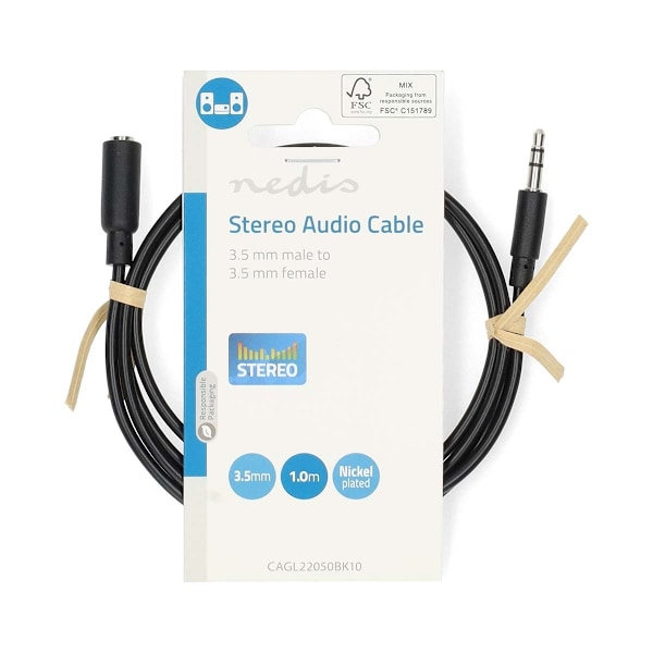 Nedis Stereoljudkabel | 3.5 mm Hane | 3.5 mm Hona | Nickelplaterad | 1.00 m | Rund | Svart | Label