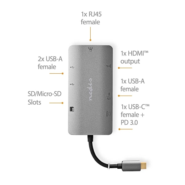 Nedis USB N Moniporttisovitin | 7-in-1 | USB 3.2 Gen 1 | USB-C™ Uros | HDMI™ Ulostulo / Micro SD / RJ45 Naaras / SD / USB-C™ Naaras / 3x USB-A Naaras