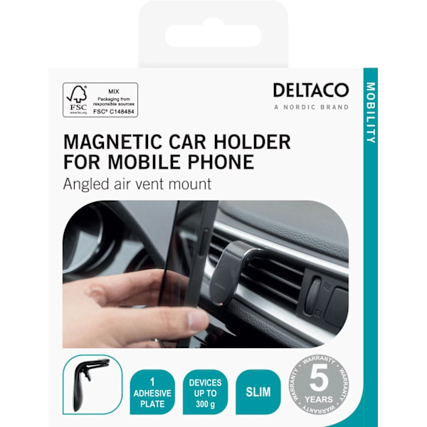 DELTACO magnetic car holder, angled air vent mount, for mobile, black