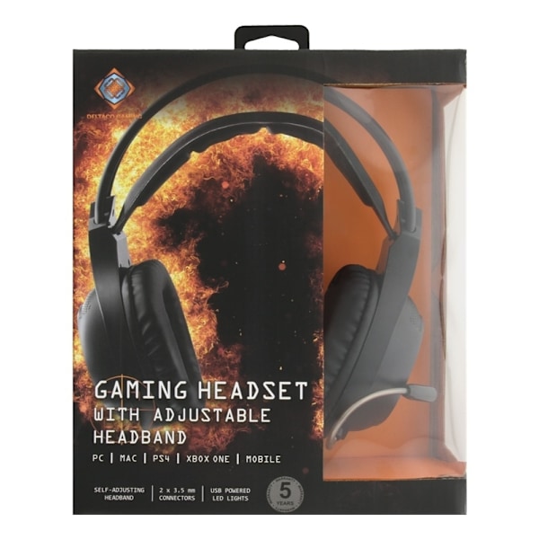 DELTACO GAMING stereoheadset, 2 x 3.5 mm, LED, 2m kabel, svart