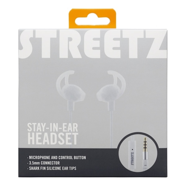 STREETZ stay-in-ear headset, 1-button remote, 3.5mm, microphone, white Vit