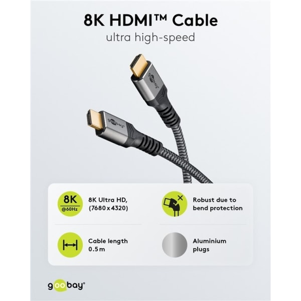 Goobay HDMI™-kabel med ultrahög hastighet, 0,5 m, Sharkskin Grey