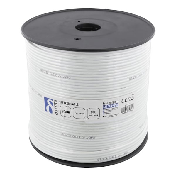 DELTACO speaker cable, 2x1.5mm2, open ends,  pure copper, 100m, white