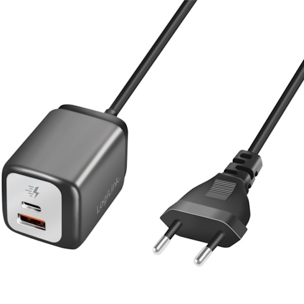 LogiLink USB-laddare 1xUSB-A + 1xUSB-C med fast kabel 1,5m GaN 30W musta, Hopea