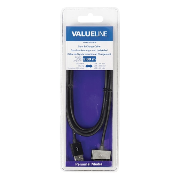 Valueline Opladerkabel Apple Stik 30-Pin - USB A Han 2.00 m Sort