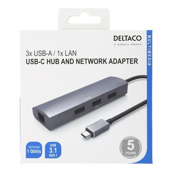 DELTACO USB-C hub and network adapter, USB-C, RJ45, 3x USB-A 3.0