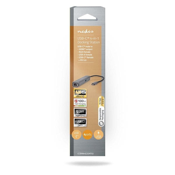 Nedis USB Multi-Port Adapter | 4-i-1 | USB 3.2 Gen 1 | USB-C™ Hane | HDMI™ Utgång / RJ45 Hona / USB-A Hona / USB-C™ Hona | 5 Gbps | 0.20 m | Rund | Gu