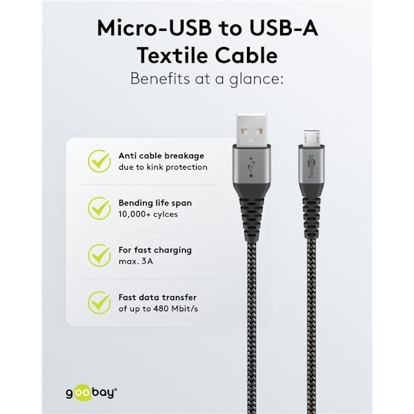 Goobay Micro-USB till USB-A textilkabel med metallkontakter 2 m elegant och extra robust anslutningskabel för enheter med Micro-USB-anslutning