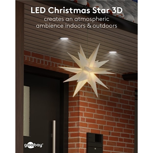 Goobay LED-julstjärna 3D, Ø 56 cm, 4,5 V utomhustransformator med timer och 18 spetsar, varmvitt (3000 K), av väderbeständig plast (IP44), kabel 9,5 m