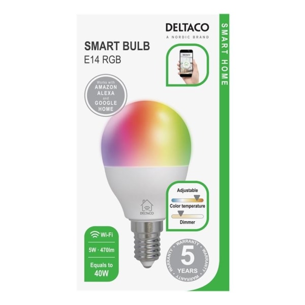DELTACO SMART HOME LED-lampa, E14, WiFI 2,4GHz, 5W, 470lm, dimba