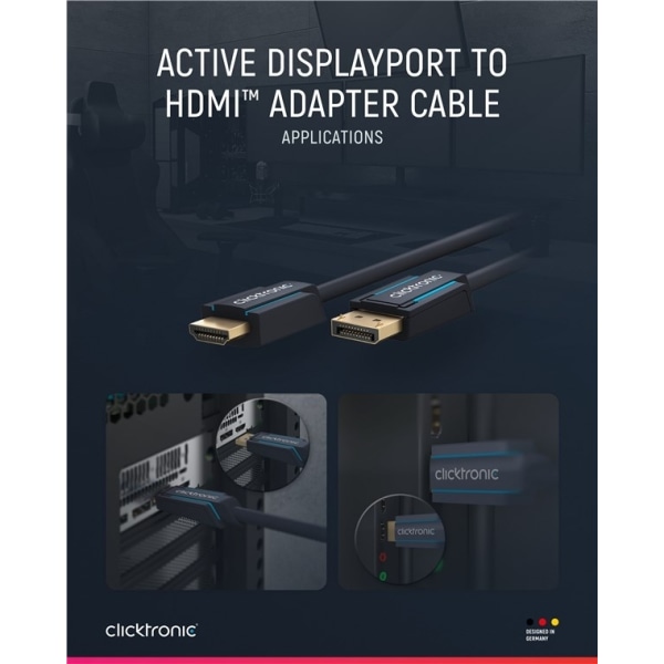 ClickTronic Adapterkabel för aktiv DisplayPort™ till HDMI™ (4K/60Hz) Premiumkabel | 1x DisplayPort™-kontakt >> 1x HDMI™-kontakt | 3,0 m | 4K @ 60 Hz