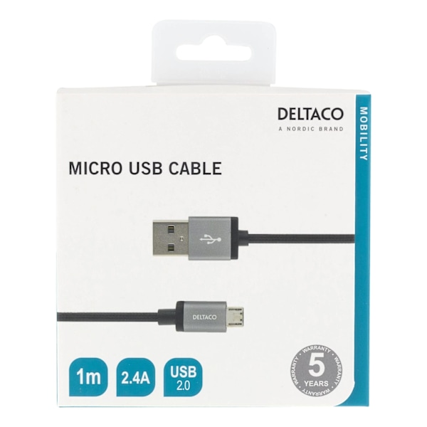 DELTACO USB-kabel, Tygklädd, Typ A ha - Typ Micro B, 1m, Svart