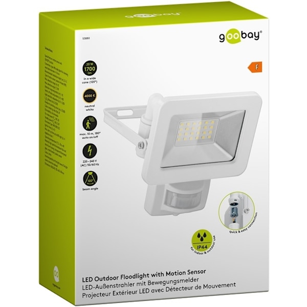 Goobay LED udendørs projektør, 20 W, med bevægelsesdetektor med 1700 lm, neutralt hvidt lys (4000 K), PIR-sensor med ON/OFF-funktion og M16 kabelforsk