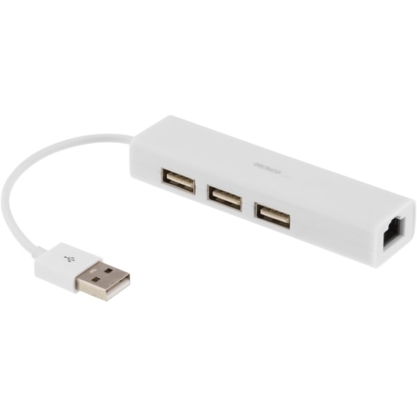 Deltaco USB 2.0 nätverksadapter med USB-hubb, 100Mbps, 3xUSB, vit (USB2-LAN3)