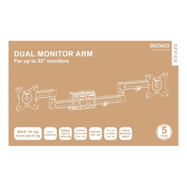 DELTACO OFFICE kahden näytön kiinnitysvarsi, 17" - 32", 8kg+8kg, valk.