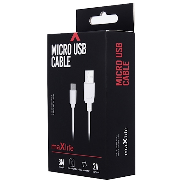 Maxlife microUSB laddkabel för snabbladdning (2A) 3m, Vit