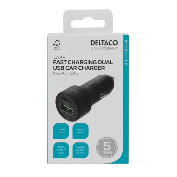 DELTACO USB-autolaturi, 1x USB-C, PD 20 W, 1x USB-A, 18 W, 38 W, musta