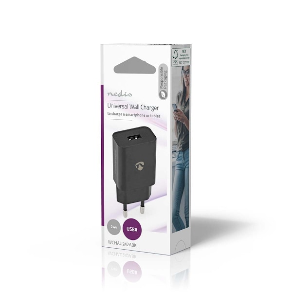 Nedis Seinälaturi | 12 W | Pikalataus-toiminto | 1x 2.4 A A | Lähtöliitäntöjen määrä: 1 | USB-A | Kaapeli ei sisälly | Single Voltage Output | Musta