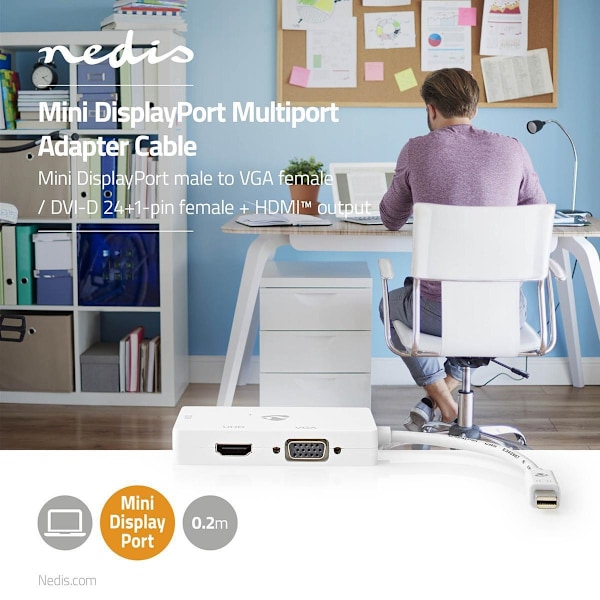 Nedis DisplayPort-sovitin | Mini DisplayPort Uros | DVI-D 24+1-Pin Naaras / HDMI™ Ulostulo / VGA Naaras | 4K@60Hz | Niklattu | Vaihdettava | 0.20 m |