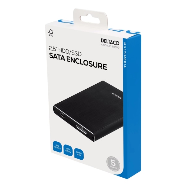 DELTACO externt kabinett 1x2,5" SATA-HDD, USB-C, USB 3.1 Gen 2,