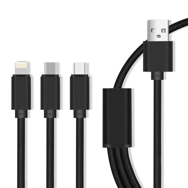 3i1 USB-kabel för snabbladdning - microUSB/USB-C/Lightning (2.1A), Svart