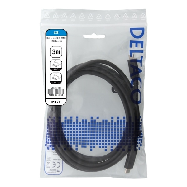 DELTACO USB 2.0 -kaapeli, Type C - Type C, 3m, musta