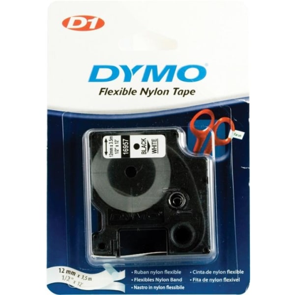DYMO D1, markeringstape i nylon, 12 mm, sort tekst på hvid tape,
