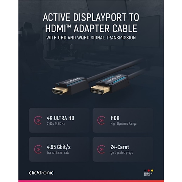 ClickTronic Adapterkabel för aktiv DisplayPort™ till HDMI™ (4K/60Hz) Premiumkabel | 1x DisplayPort™-kontakt >> 1x HDMI™-kontakt | 10,0 m | 4K @ 60 Hz