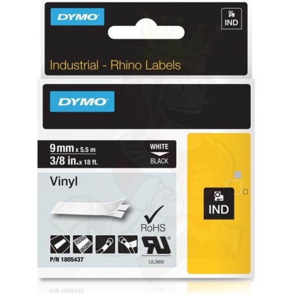 DYMO RhinoPRO 9mm vinyltejp, vit på svart, 5.5m rulle (1805437)