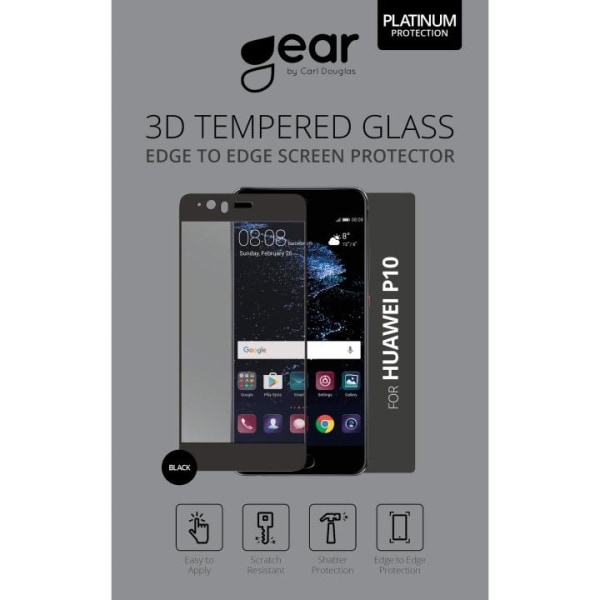 GEAR Hærdet Glas 3D Full Cover Sort Huawei P10 Transparent