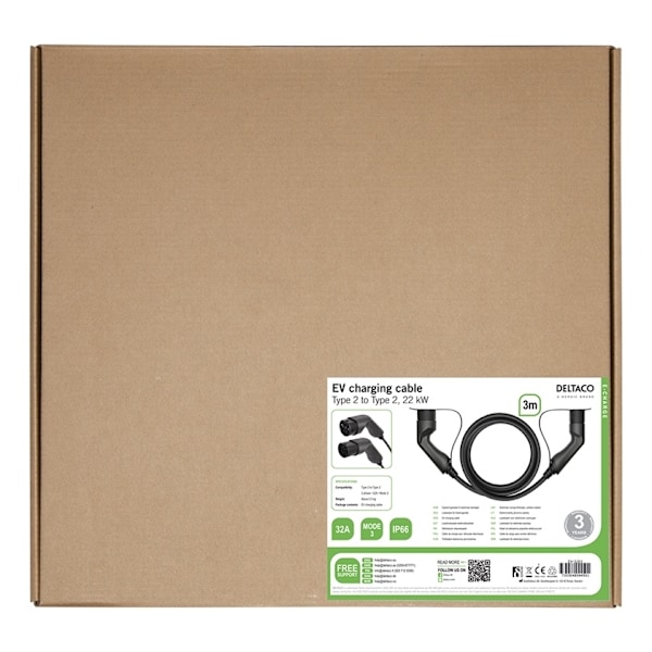 DELTACO e-Charge, cable type 2 - type 2, 3 phase, 32A, 3M