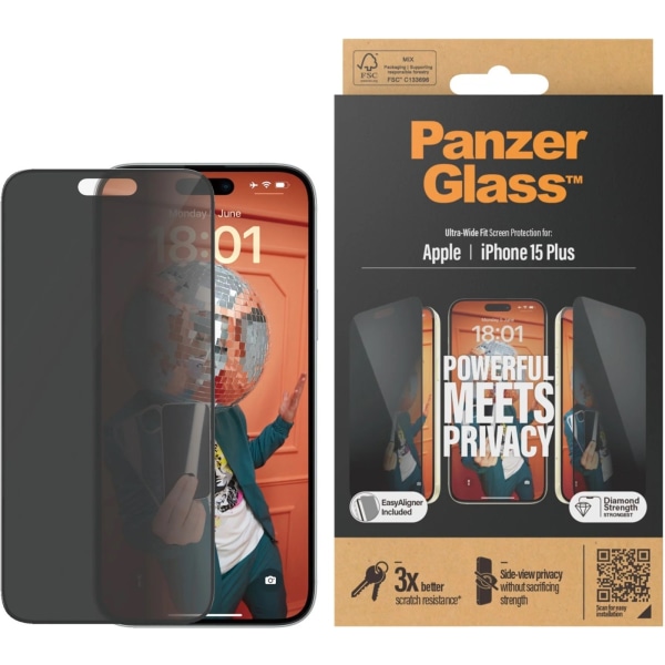 PanzerGlass Privacy Ultra Wide Fit -lasikalvo, iPhone 15 Plus, musta kehys Svart