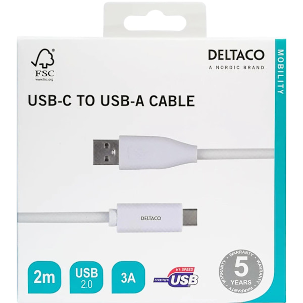 DELTACO USB-C to USB-A cable, 2m, 3A, USB 2.0, white