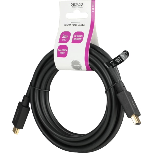 DELTACO Ultra High Speed HDMI-kabel, 3m, eARC, QMS, 8K 60Hz, 4K 120Hz, LSZH, svart